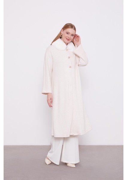 Krem Yakası Kürklü Kaşmir Hırka