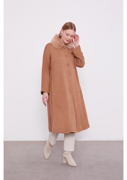 Camel Yakası Kürklü Kaşmir Hırka