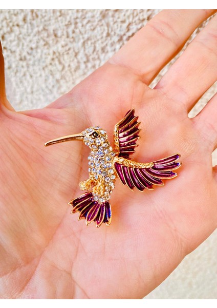 Zirkon Taşlı Mor Renk Mineli Altın Renk Tasarım Kuş Broş modelleri