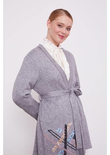 Gri Payet Işlemeli Kaşmir Hırka