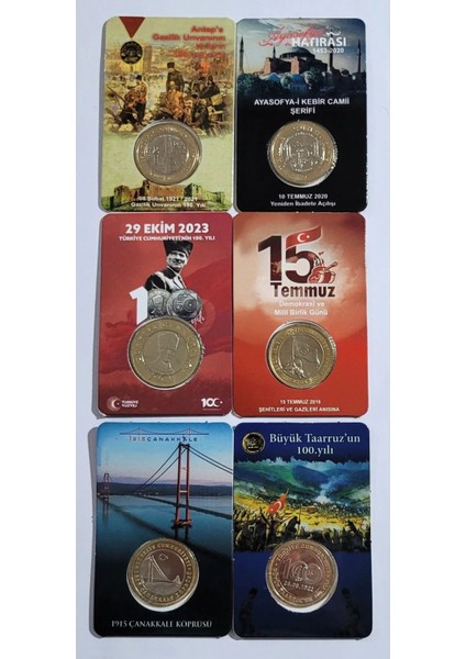 6 Li Hatıra Para Kiti Seti, Cumhuriyetin 100.YILI,AYASOFYA, Antep, Çanakkale, 15 Temmuz, Taaruz, Çil