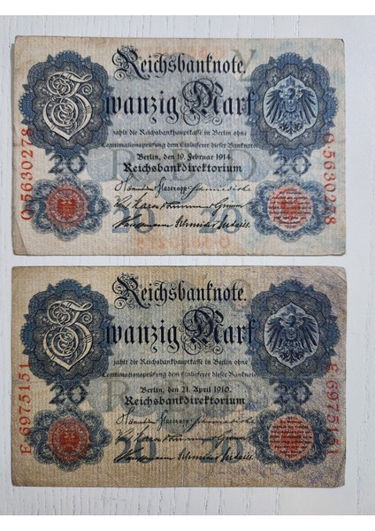 1910 ve 1914 Yılına Ait Alman Markı, Alman 20 Mark, Eski Alman. 2 Adet Ürün