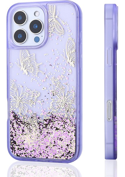 Lexroo iPhone 16 Pro Max Uyumlu Kılıf Sıvılı Simli Kelebek Baskılı Şeffaf Arka Yüzey Zore Glis Silikon Kapa