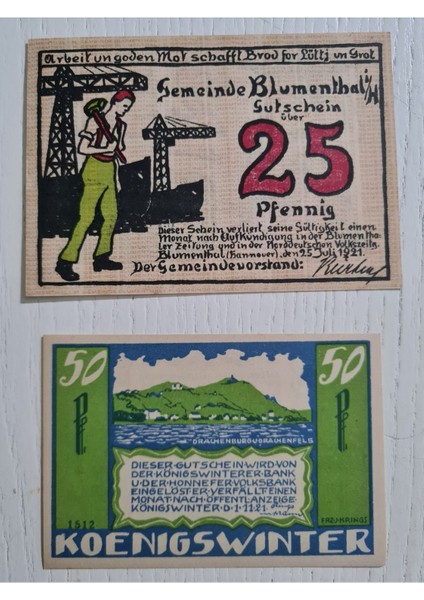 1921 Yılına Ait 2 Adet Alman Notegeld, Alman Notegeld Paralar
