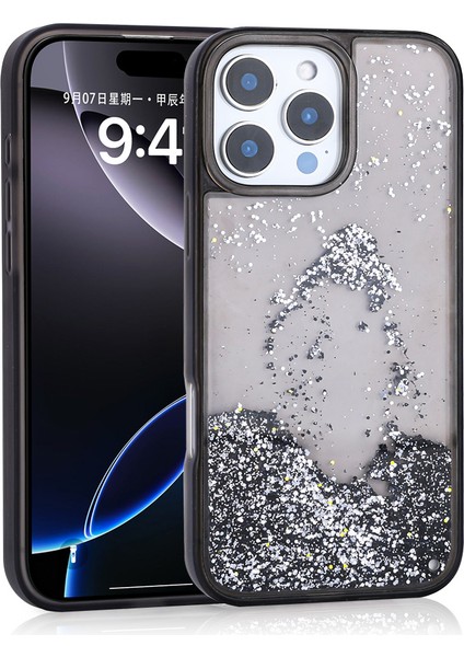 Lexroo iPhone 16 Pro Max Uyumlu Kılıf Sıvılı Simli Şeffaf Arka Yüzey Zore Keto Silikon Kapak-Siyah