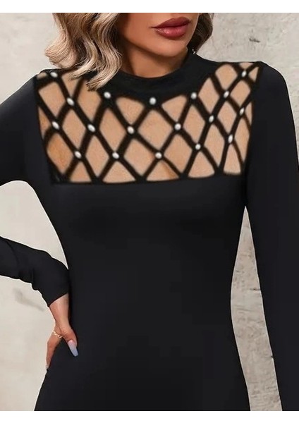 Kadın Uzun Kollu Bisiklet Yaka Lazer Kesim Inci Detay Viskon Iki Iplik Mini Boy Elbise fiyatları