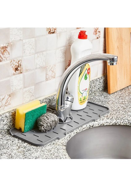 Oluklu Silikon Lavabo Musluk Matı - Gri