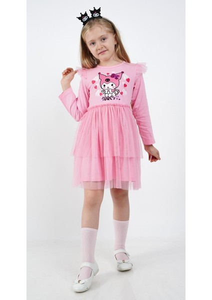 Kuromi Pembe Tül Detaylı Kız Çocuk Elbisesi