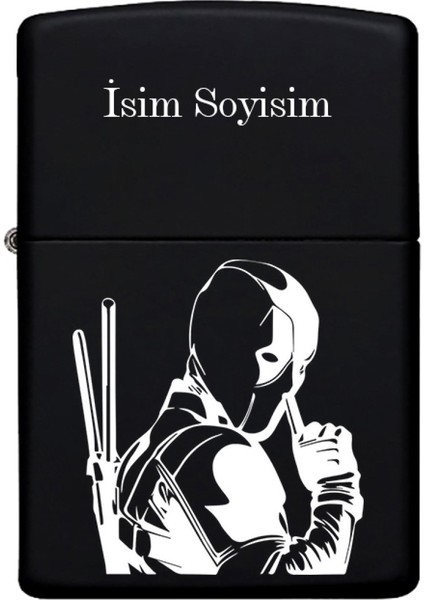 Deadpool Desenli Kişiye Özel Isimli Benzinli Siyah Metal Çakmak