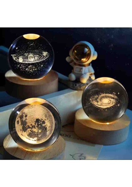 Samanyolu Galaksi & Toz Bulutu & Dolunay 3'lü Set Kristal Cam Kar Küresi – Usb’li Doğal Ahşap Tabanlı 3D Özel Lazer Işleme LED Dekoratif Lamba, Sürpriz Şık Zarif Top Süs Biblo Konsept Hediyelik Eşya