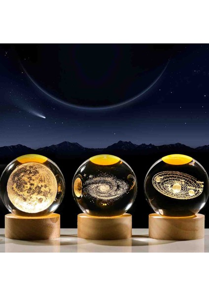 Samanyolu Galaksi & Toz Bulutu & Dolunay 3'lü Set Kristal Cam Kar Küresi – Usb’li Doğal Ahşap Tabanlı 3D Özel Lazer Işleme LED Dekoratif Lamba, Sürpriz Şık Zarif Top Süs Biblo Konsept Hediyelik Eşya fırsatları
