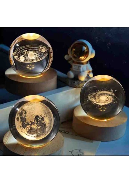 Samanyolu Galaksi & Toz Bulutu & Dolunay 3'lü Set Kristal Cam Kar Küresi – Usb’li Doğal Ahşap Tabanlı 3D Özel Lazer Işleme LED Dekoratif Lamba, Sürpriz Şık Zarif Top Süs Biblo Konsept Hediyelik Eşya indirimleri