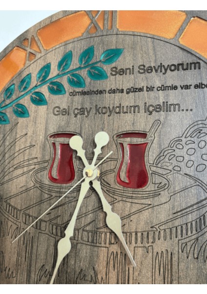 Ahşap Desen Duvar Saati - Gel Çay Koydum - Epoksi Reçine Kaplamalı - 40 cm modelleri
