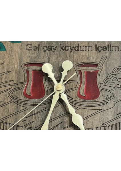 Ahşap Desen Duvar Saati - Gel Çay Koydum - Epoksi Reçine Kaplamalı - 40 cm indirimleri