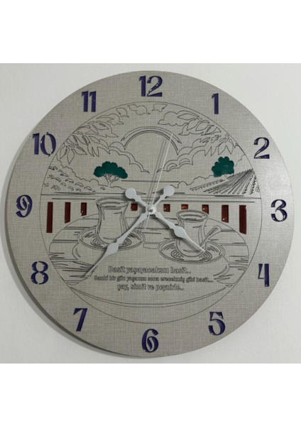 Ahşap Desen Duvar Saati - Çay, Simit ve Peynir - Epoksi Reçine Kaplamalı - 40 cm
