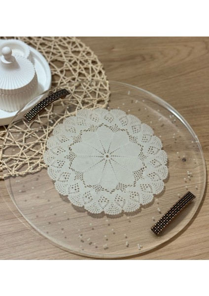Epoksi Reçine Nişan Tepsisi - Dantel ve Incili 02 - Çap: 30 cm