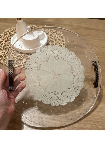 Epoksi Reçine Nişan Tepsisi - Dantel ve Incili 02 - Çap: 30 cm modelleri