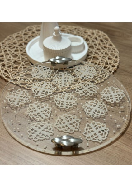 Epoksi Reçine Nişan Tepsisi - Parça Dantel ve Incili - Çap: 30 cm fiyatları