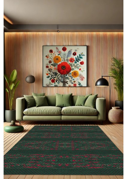 Yeşil Pamuk Kilim Görünümlü Halı Dijital Baskılı Halı Dokuma Tabanlı Kaymaz Banyo Halısı