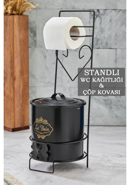 Ferforje Standlı Çöp Kovalı Wc Kağıtlık - Banyo Düzenleyici Tuvalet Kağıtlığı Çöp Kovası Siyah