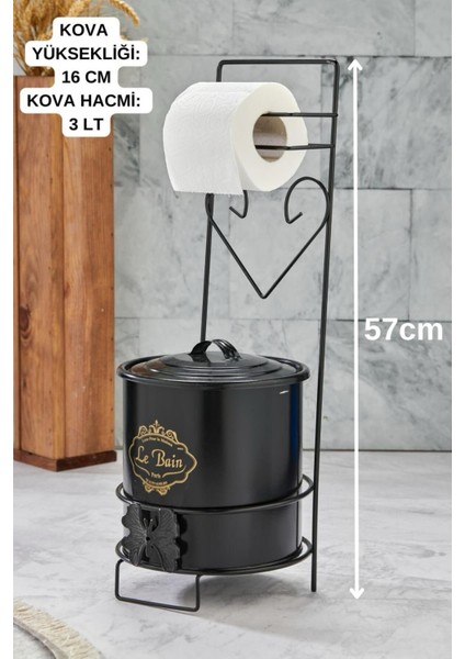 Ferforje Standlı Çöp Kovalı Wc Kağıtlık - Banyo Düzenleyici Tuvalet Kağıtlığı Çöp Kovası Siyah