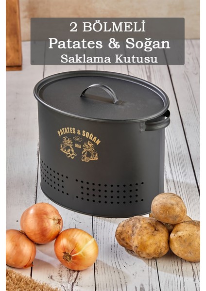 2 Bölmeli Metal Sebzelik Patates Soğan Saklama Kabı - Çok Amaçlı Mutfak Düzenleyici Kutu Siyah