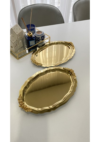 2'li Oval Kulplu Kahve & Çay & Sunum Tepsisi Çelik Gold Tepsi