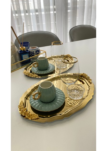 2'li Oval Kulplu Kahve & Çay & Sunum Tepsisi Çelik Gold Tepsi fırsatları