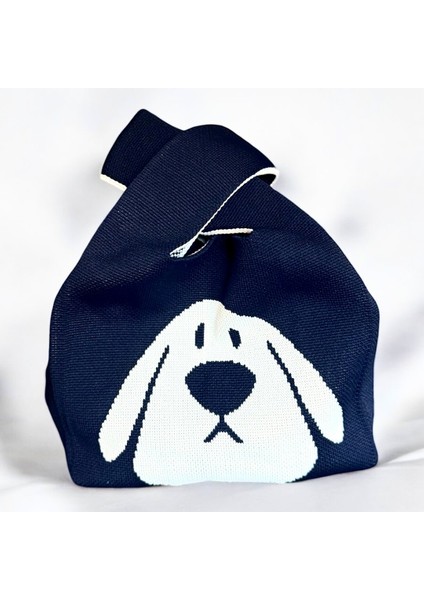 Köpek Desenli Triko Poşet Kadın El Çantası