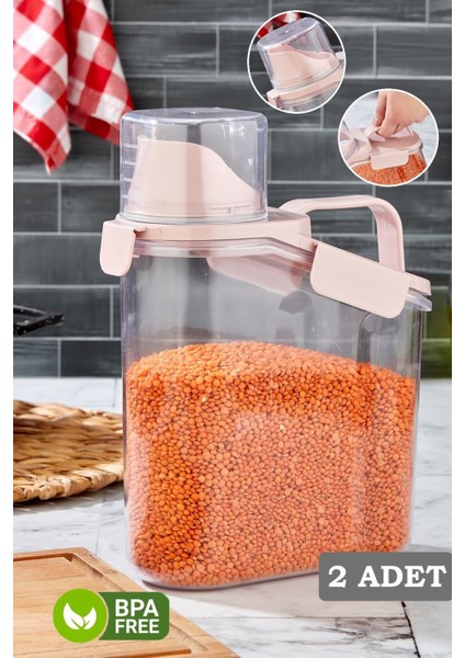 2'li Sızdırmaz Kapaklı Erzak Saklama Kabı Ölçekli Un Bakliyat Kabı Mutfak Düzenleyici Kavanoz 1,8 Lt