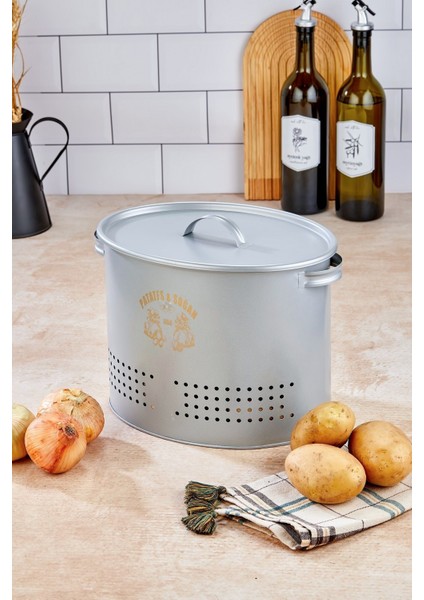 2 Bölmeli Metal Sebzelik Patates Soğan Saklama Kabı - Çok Amaçlı Mutfak Düzenleyici Kutu Gri