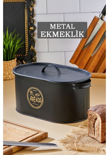 Dekoratif Desenli Metal Ekmek Saklama Kutusu - Büyük Boy Ekmek Sepeti - Mutfak Düzenleyici Siyah