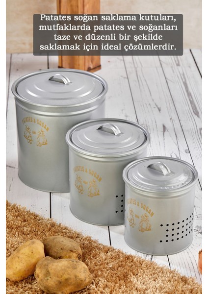 3'lü Metal Kapaklı Patates Soğan Sarımsak Kovası Saklama Kutusu Mutfak Düzenleyici Sebzelik Gri fiyatları