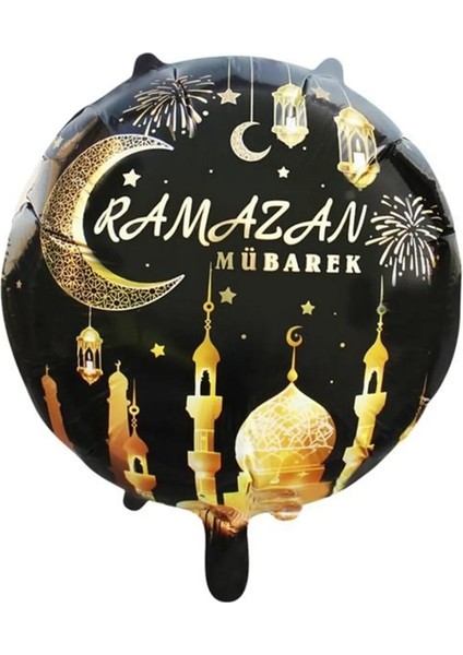 Ramazan Mubarek Folyo Balon - 18 Inç Siyah Altın Temalı Dekoratif Balon