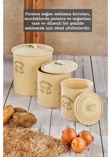 3'lü Metal Kapaklı Patates Soğan Sarımsak Kovası Saklama Kutusu Mutfak Düzenleyici Sebzelik Krem modelleri