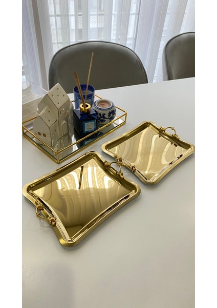 2'li Çelik Kare Kulplu Gold Servis ,çay ,kahve ,ikramlık Sunum Tepsisi