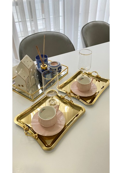2'li Çelik Kare Kulplu Gold Servis ,çay ,kahve ,ikramlık Sunum Tepsisi