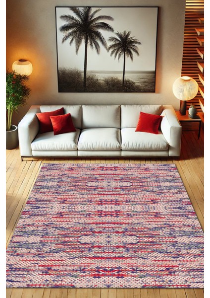 Kırmızı Pamuk Kilim Görünümlü Halı Dijital Baskılı Halı Dokuma Tabanlı Kaymaz Banyo Halısı
