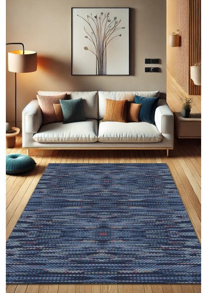 Lacivert Pamuk Kilim Görünümlü Halı Dijital Baskılı Halı Dokuma Tabanlı Kaymaz Oturma Odası Halısı