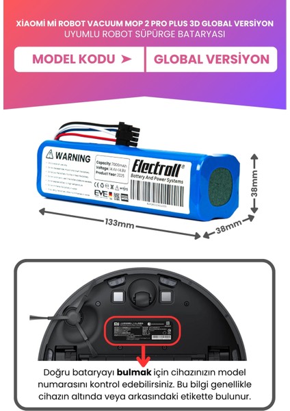 Xiaomi Mi Robot Vacuum Mop 2 Pro Plus 3D Global Versiyon Batarya (Maksimum Kapasite) 7000MAH Pil