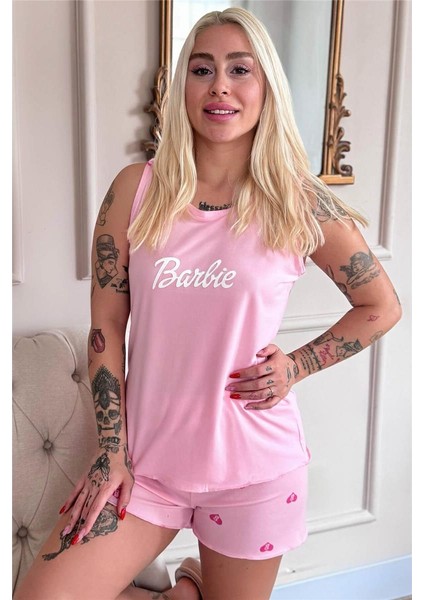 Pembe B Desenli Bambu Sıfır Kol Şortlu Kadın Pijama Takımı