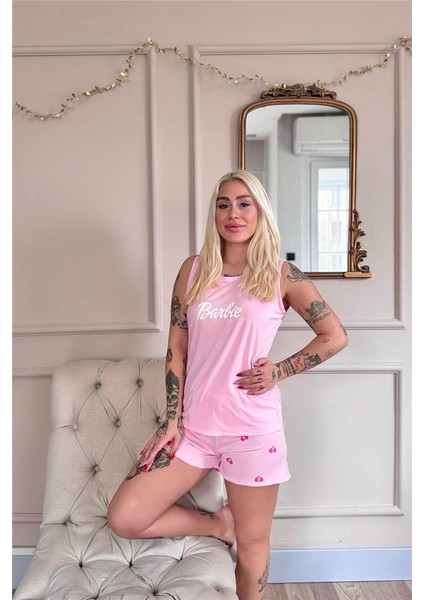 Pembe B Desenli Bambu Sıfır Kol Şortlu Kadın Pijama Takımı modelleri