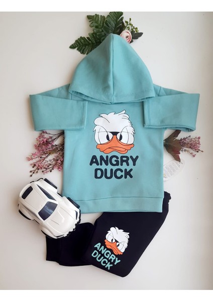Angry Duck Baskılı Kapüşonlu Erkek Çocuk Eşofman Takımı 2-5 Yaş