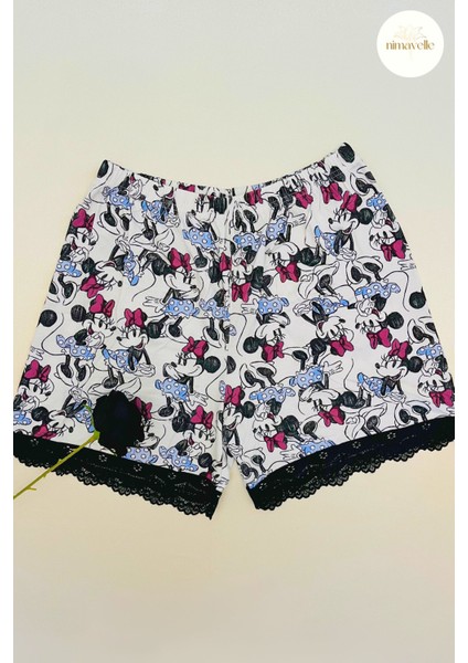 Mickey Mouse Desenli Siyah Dantelli Askılı Şortlu Pijama Takımı