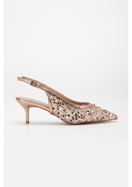 Kadın Kısa Topuklu Abiye Ayakkabı Rose Pullu File Topuk Açık modelleri