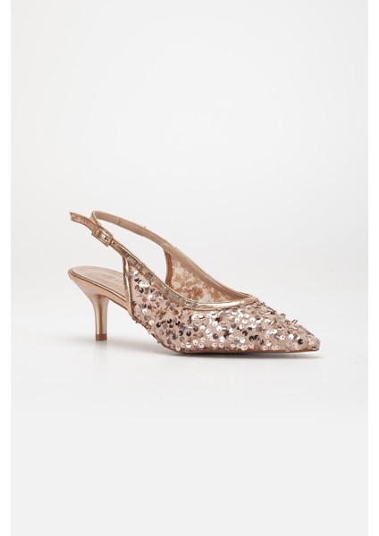 Kadın Kısa Topuklu Abiye Ayakkabı Rose Pullu File Topuk Açık fırsatları