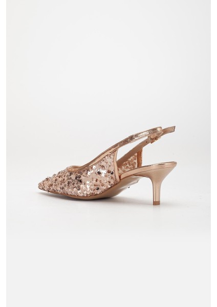 Kadın Kısa Topuklu Abiye Ayakkabı Rose Pullu File Topuk Açık indirimleri