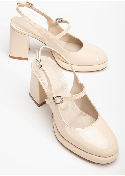 Kadın Abiye Platform Topuklu Ayakkabı Ten Rugan Yuvarlak Burun
