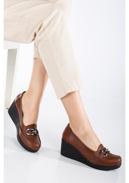 Kadın Dolgu Topuklu Ayakkabı Taba Yüzlü Tokalı fiyatları