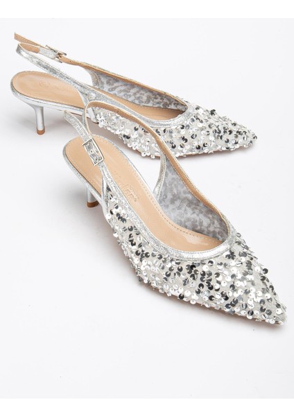 Kadın Kısa Topuklu Abiye Ayakkabı Gümüş Pullu File Topuk Açık